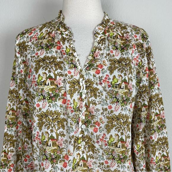 Talbot's White Brown Green Cottage Core Print Top Medium - Picture 3 of 9